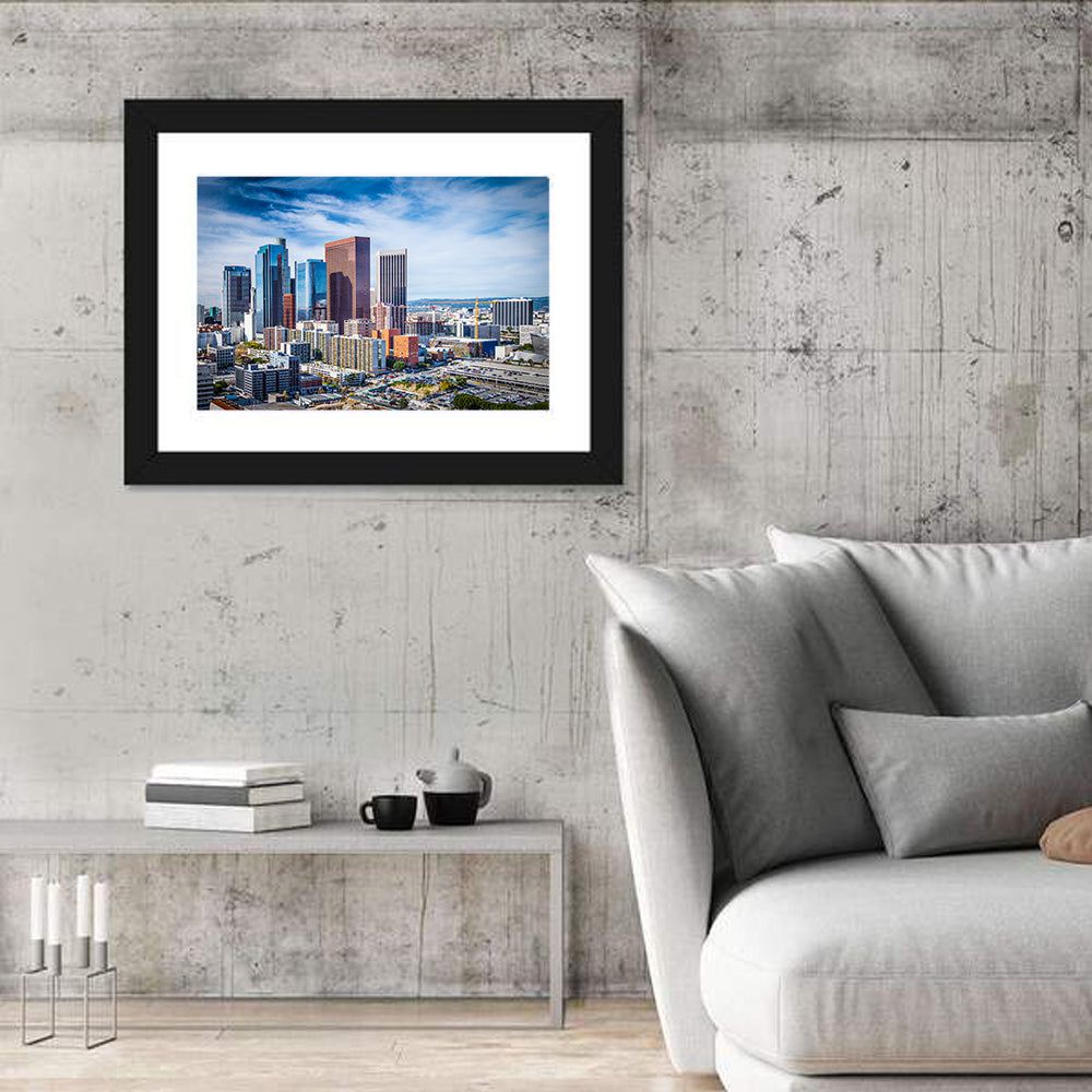 Downtown Los Angeles Skyline Wall Art in a room, landscape