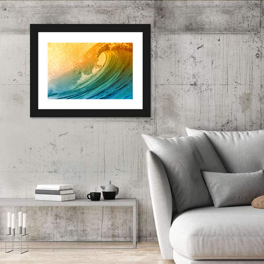 Barrel Wave at Sunset Wall Art in a room, landscape