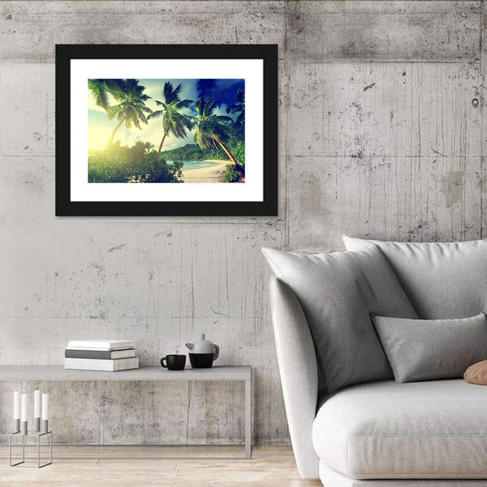 Takamaka Beach Sunset Wall Art in a room, landscape