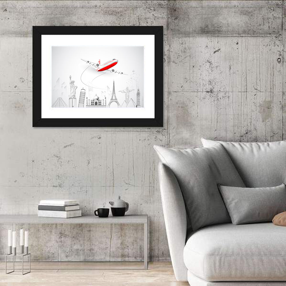 Airplane Over World Landmarks Wall Art in a room, landscape