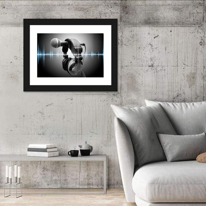 Headphones on Microphone with Sound Waves Wall Art