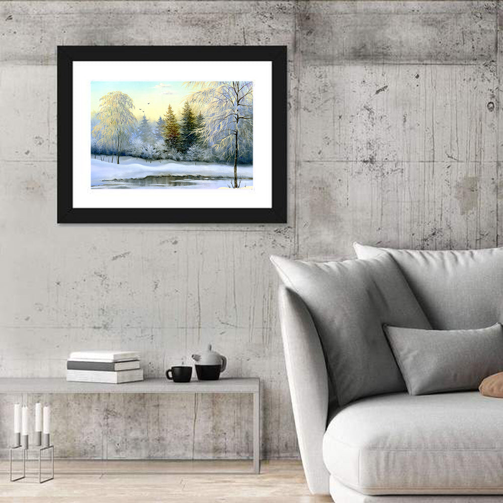 Golden Light on Frozen River Wall Art in a room, landscape