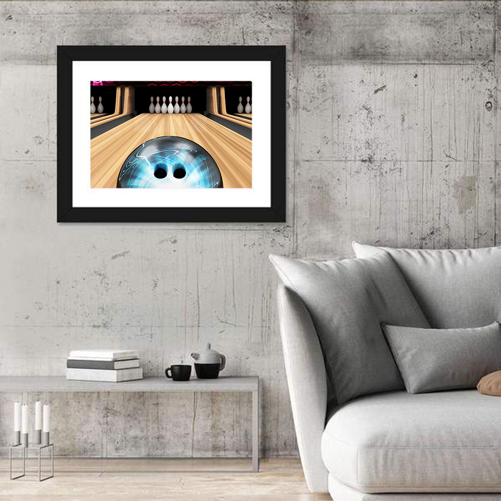 Glowing Blue Bowling Ball on Wooden Lane Wall Art in a room, landscape