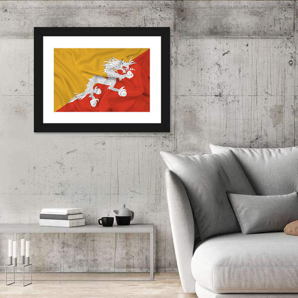 Waving Bhutan Flag Wall Art in a room, landscape