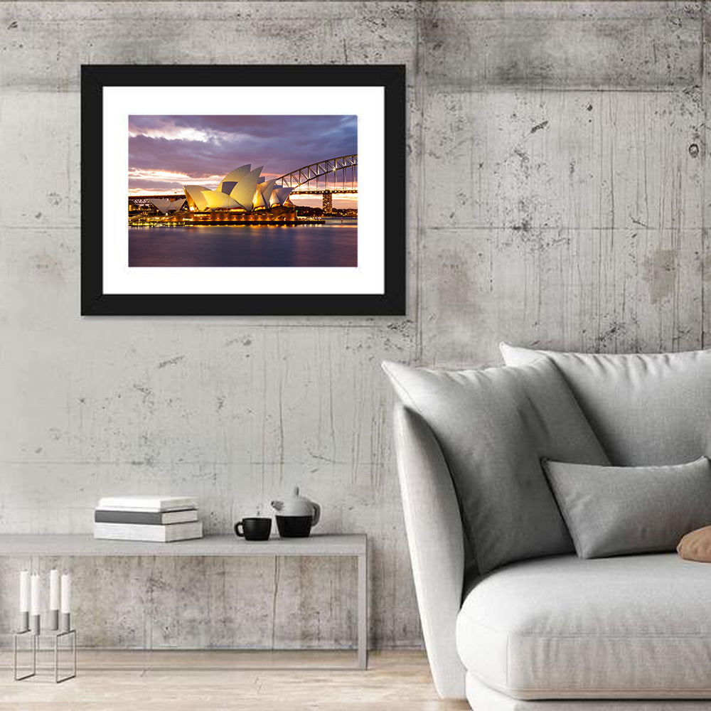 Sydney Opera House at Dusk with Harbour Bridge Wall Art in a room, landscape