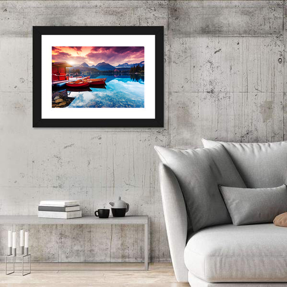 High Tatras Sunset Lake with Red Boats Wall Art in a room, landscape
