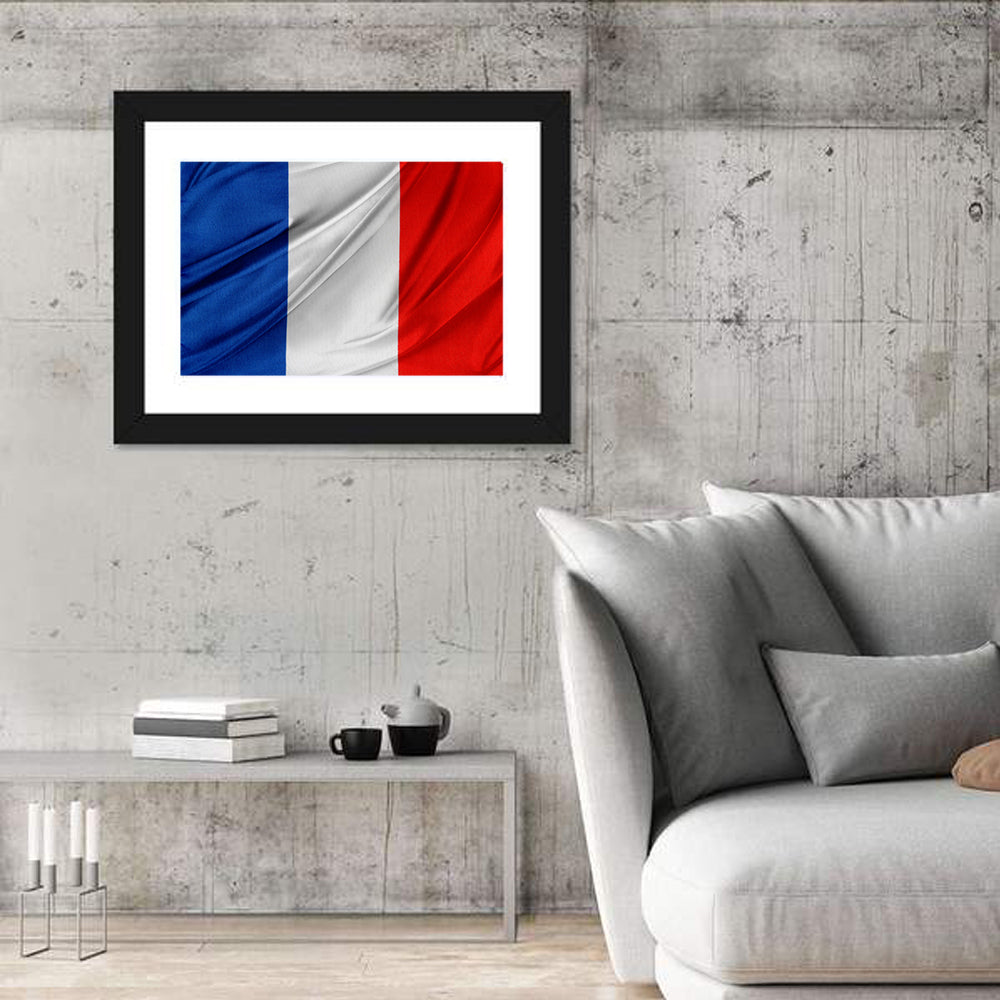 French Flag Tricolor with Folded Texture Wall Art in a room, landscape