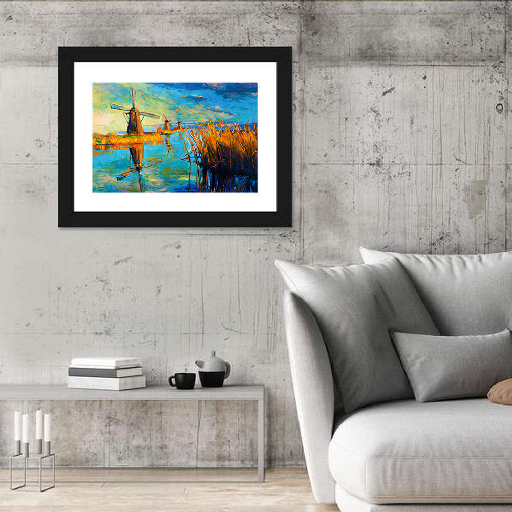Windmills by the Lake Wall Art in a room, landscape