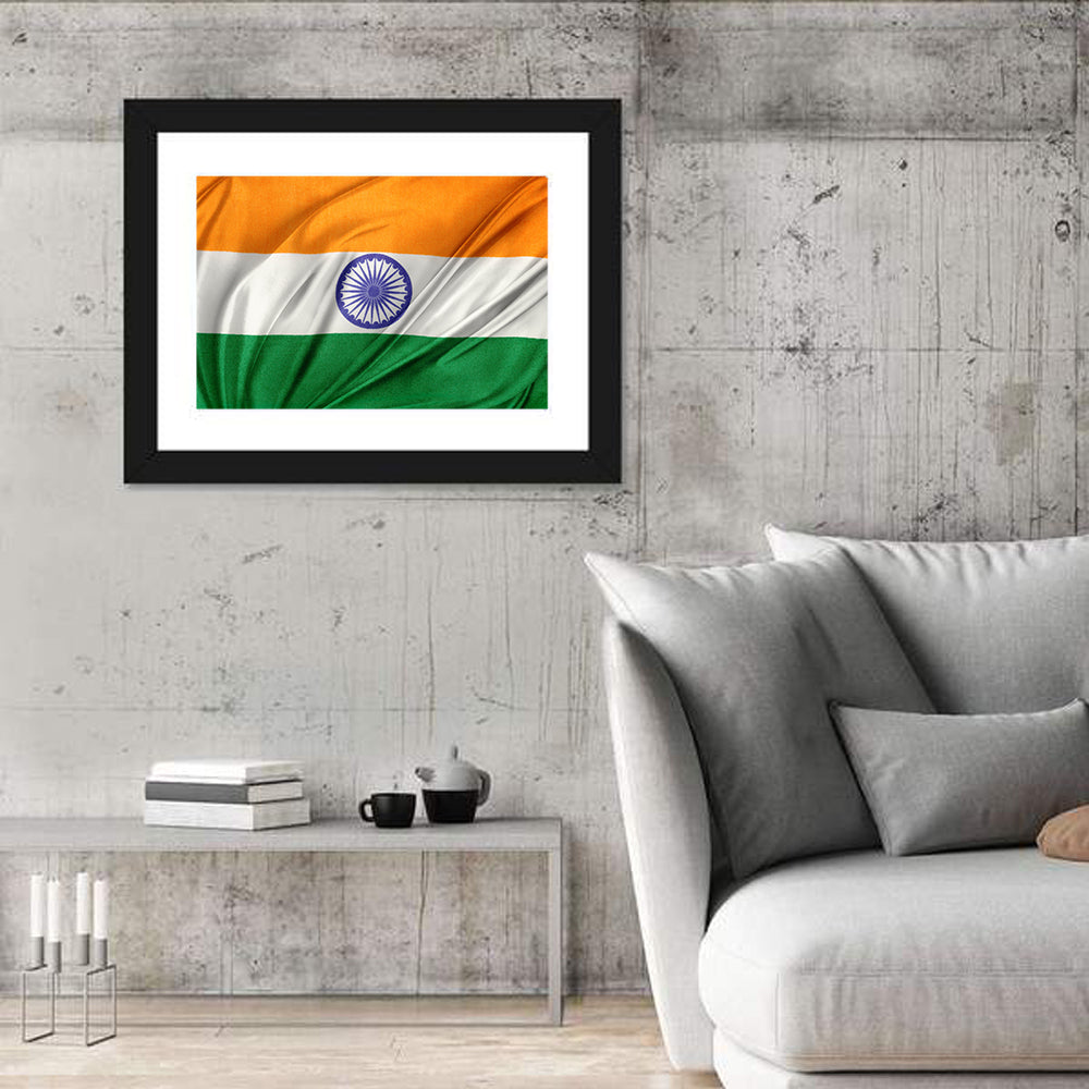 Indian Tricolor with Ashoka Chakra Wall Art in a room, landscape