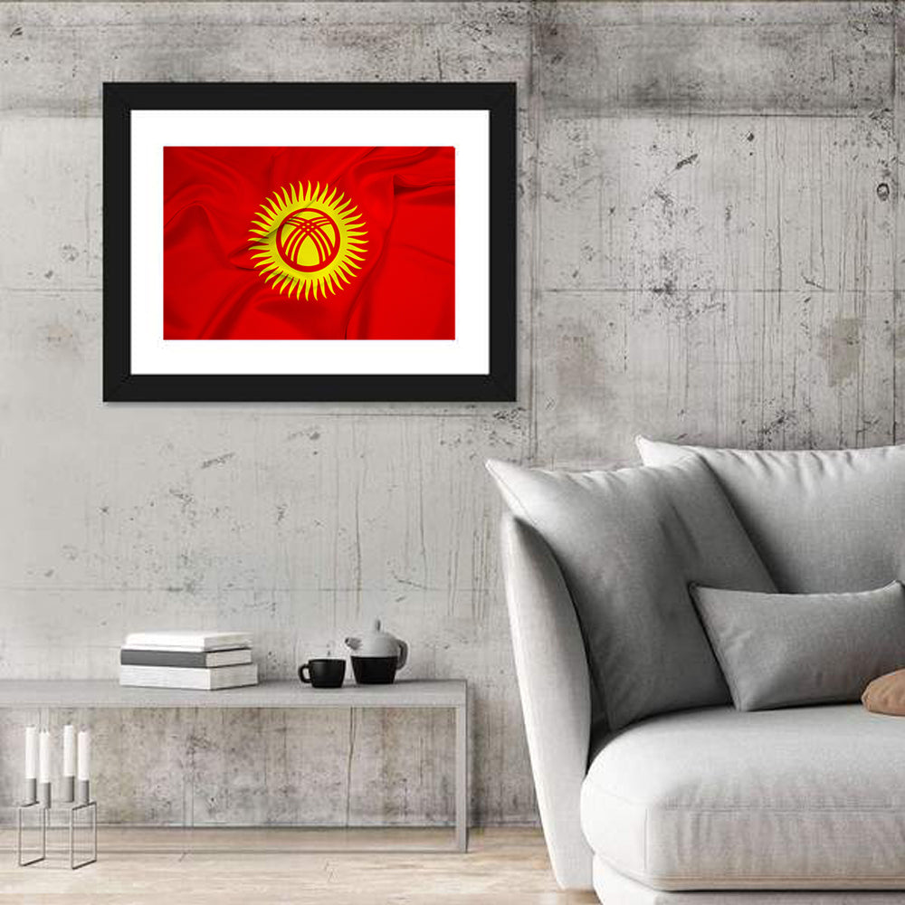 Kyrgyzstan Flag with Tunduk Emblem Canvas Wall Art in a room, landscape