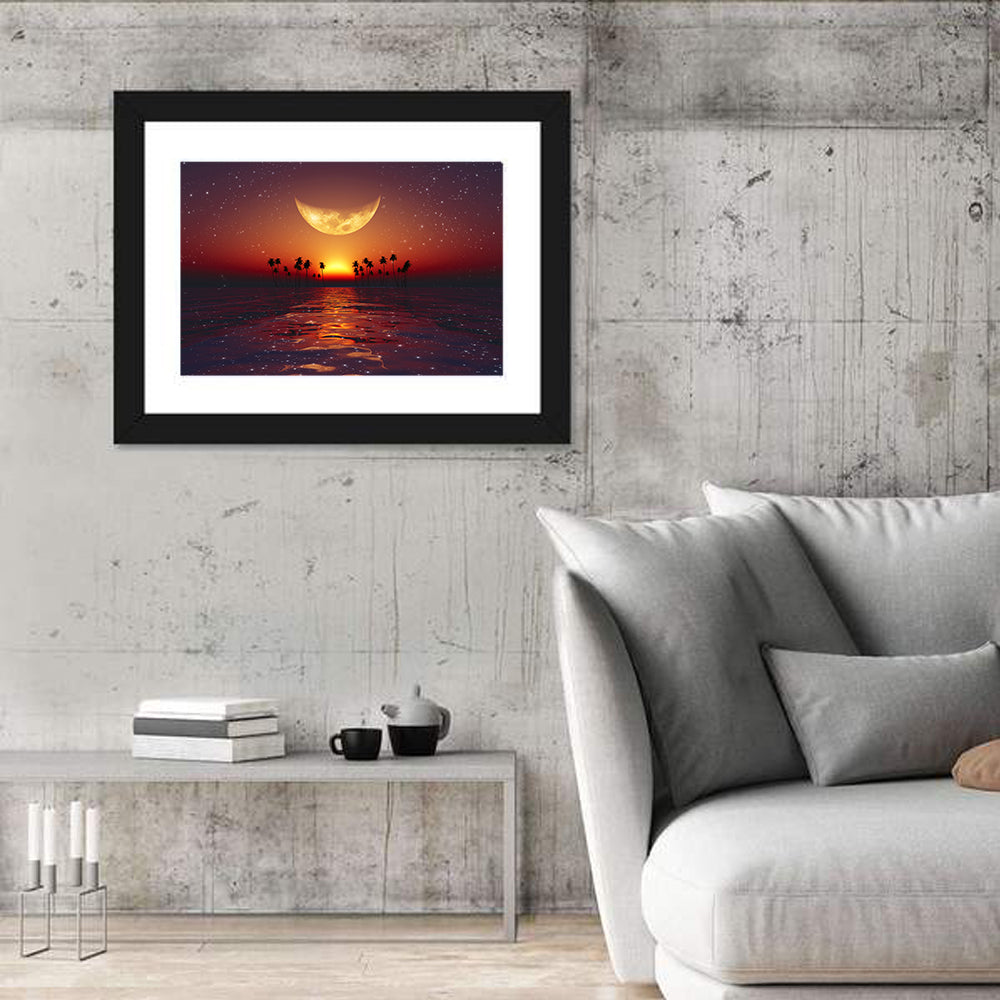 Golden Crescent Over Tropical Sunset Wall Art in a room, landscape
