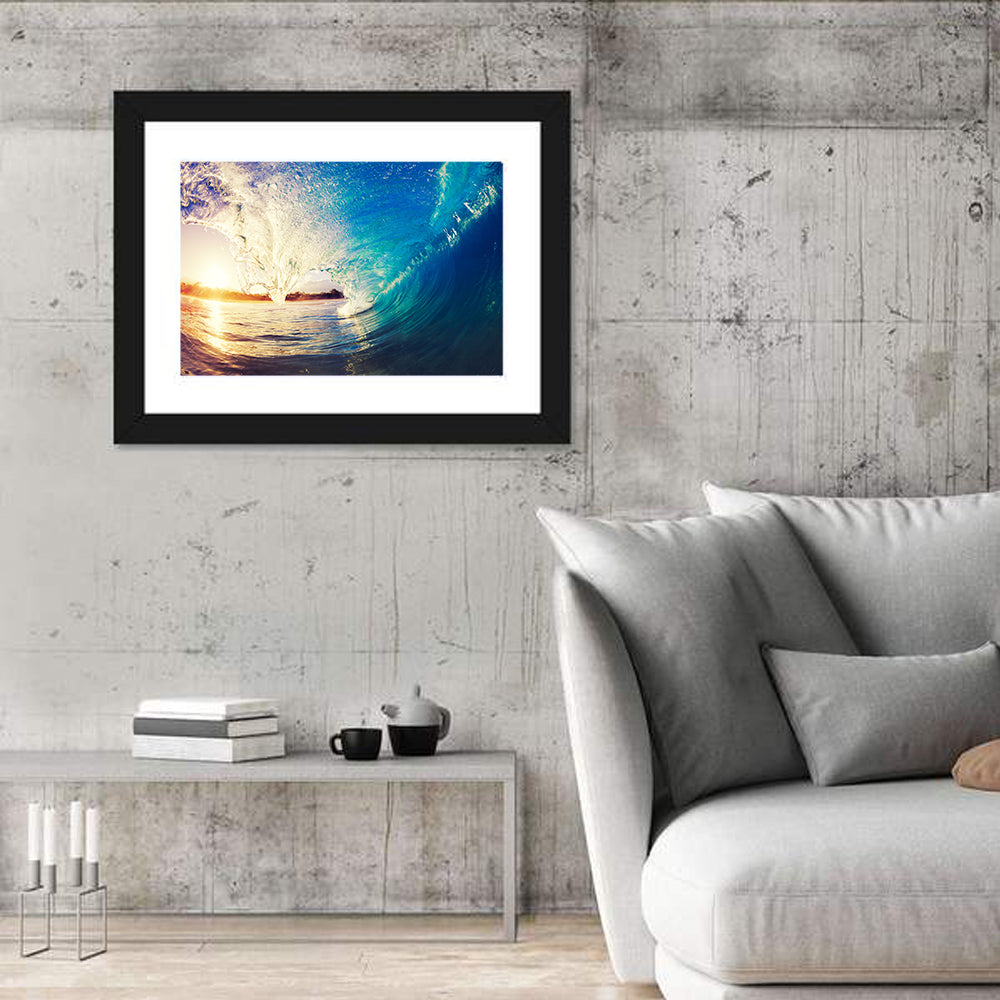Barrel Wave at Sunrise Wall Art in a room, landscape