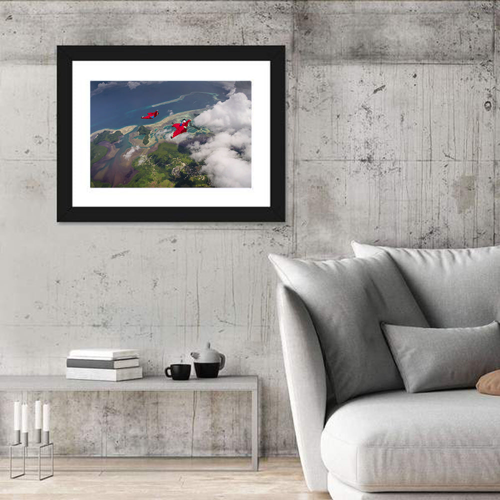 Wingsuit Duo Over Palau Coast Wall Art in a room, landscape