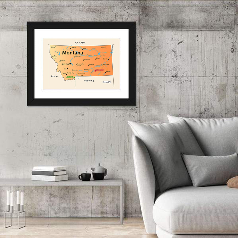 Montana State Map Wall Art in a room, landscape