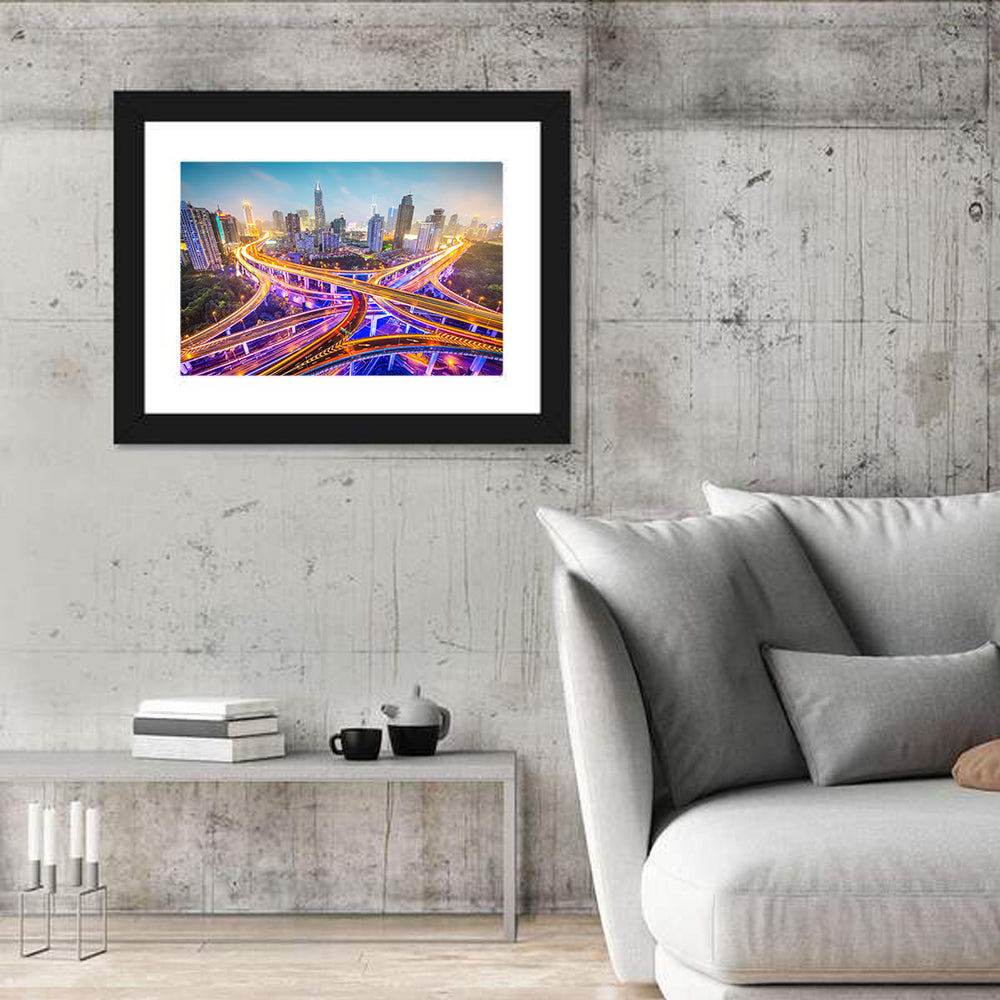Shanghai Highway Skyline Wall Art in a room, landscape