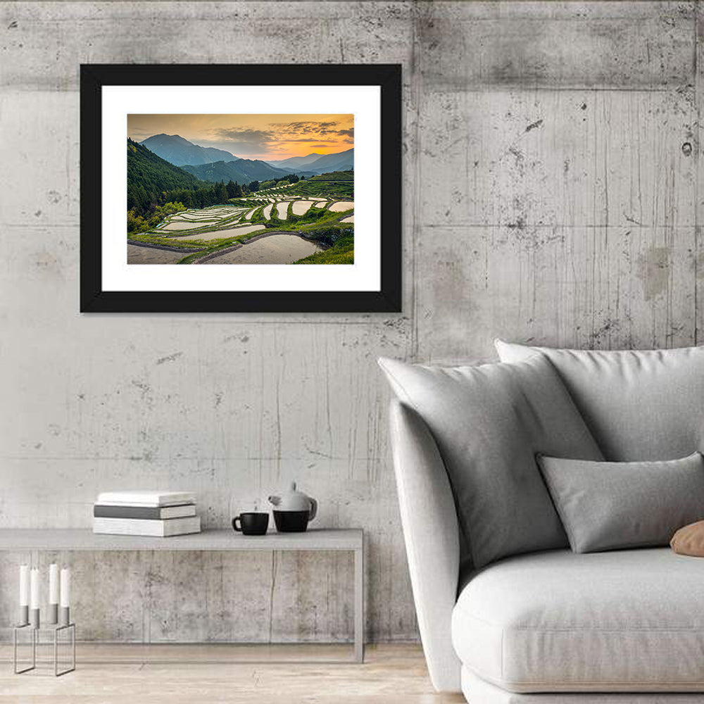 Sunset Over Japanese Rice Terraces Wall Art in a room, landscape