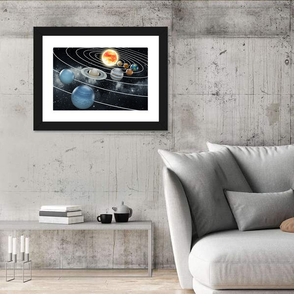 Solar System Perspective with Glowing Sun Wall Art in a room, landscape