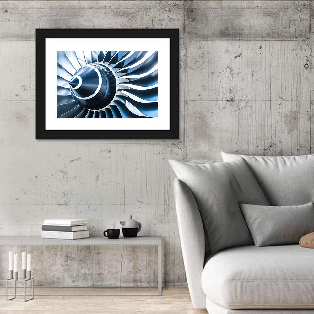 Blue Jet Turbine Blades Closeup Wall Art in a room, landscape