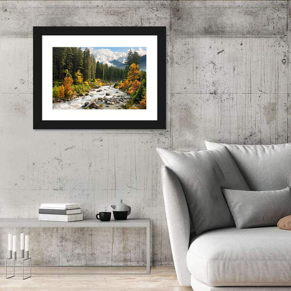 Autumn Mountain Stream with Rapids Wall Art in a room, landscape