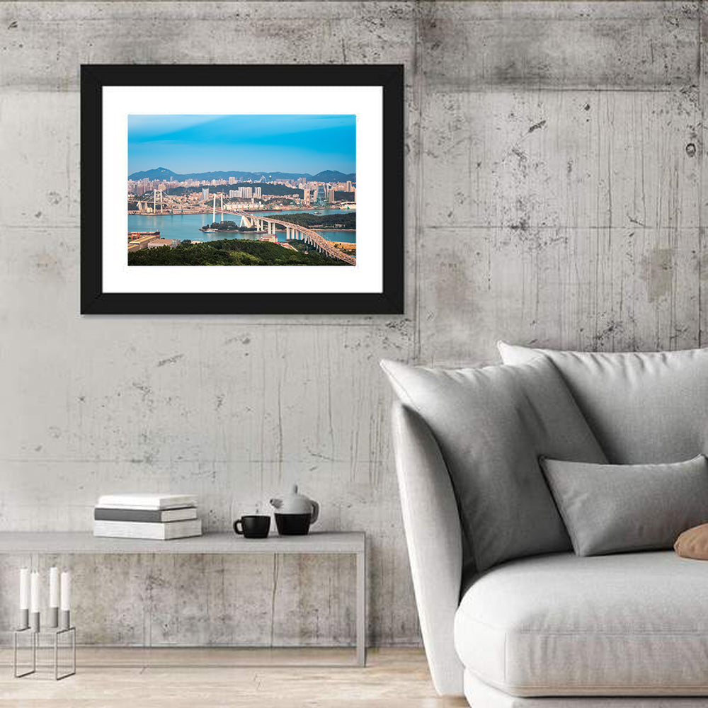 Haicang Suspension Bridge at Dusk Wall Art in a room, landscape