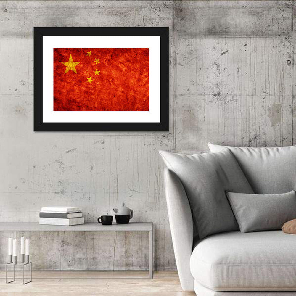 Distressed Chinese Flag Wall Art in a room, landscape