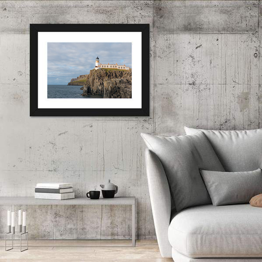 White Lighthouse on Neist Point Cliffs Wall Art in a room, landscape
