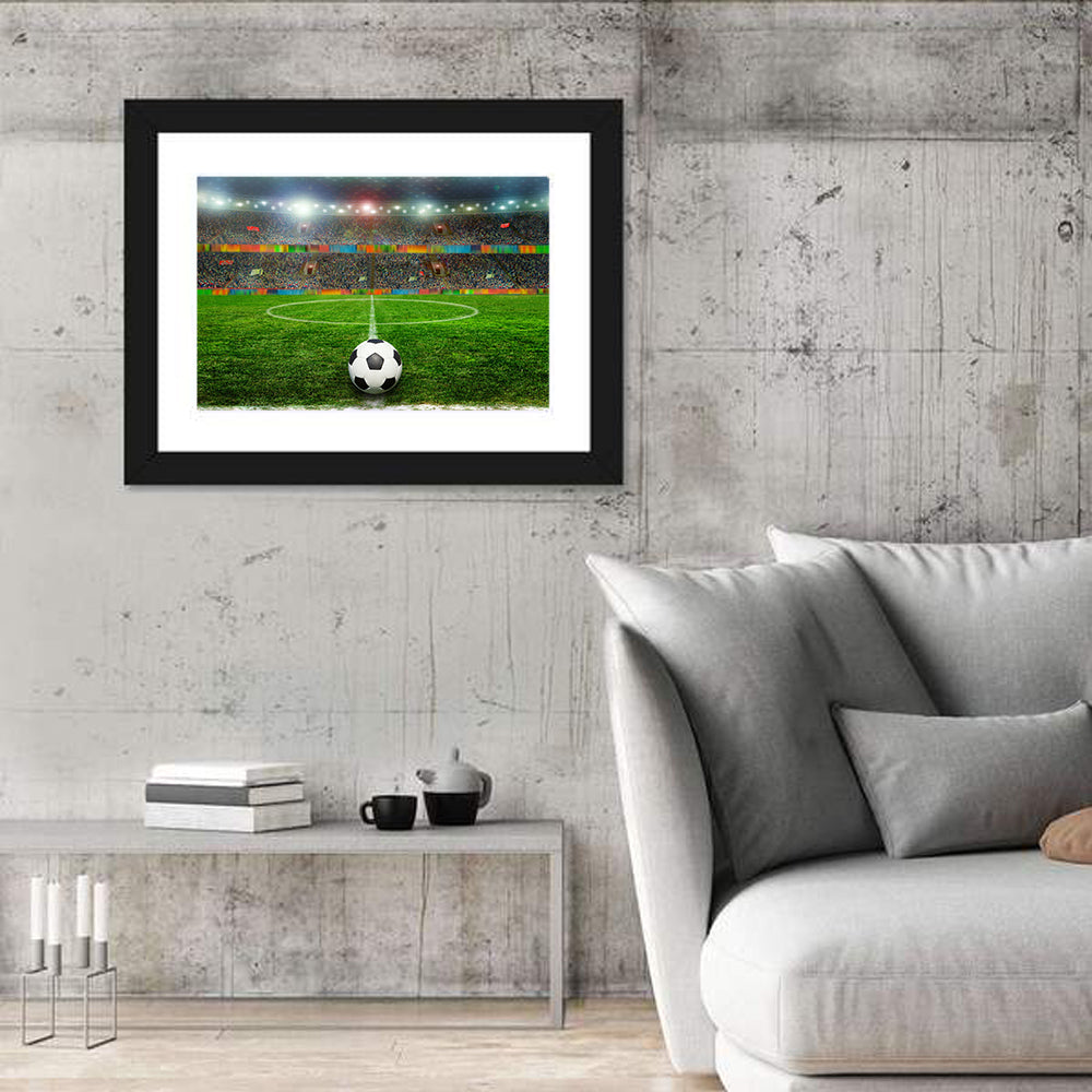 Soccer Ball Under Floodlights Wall Art in a room, landscape