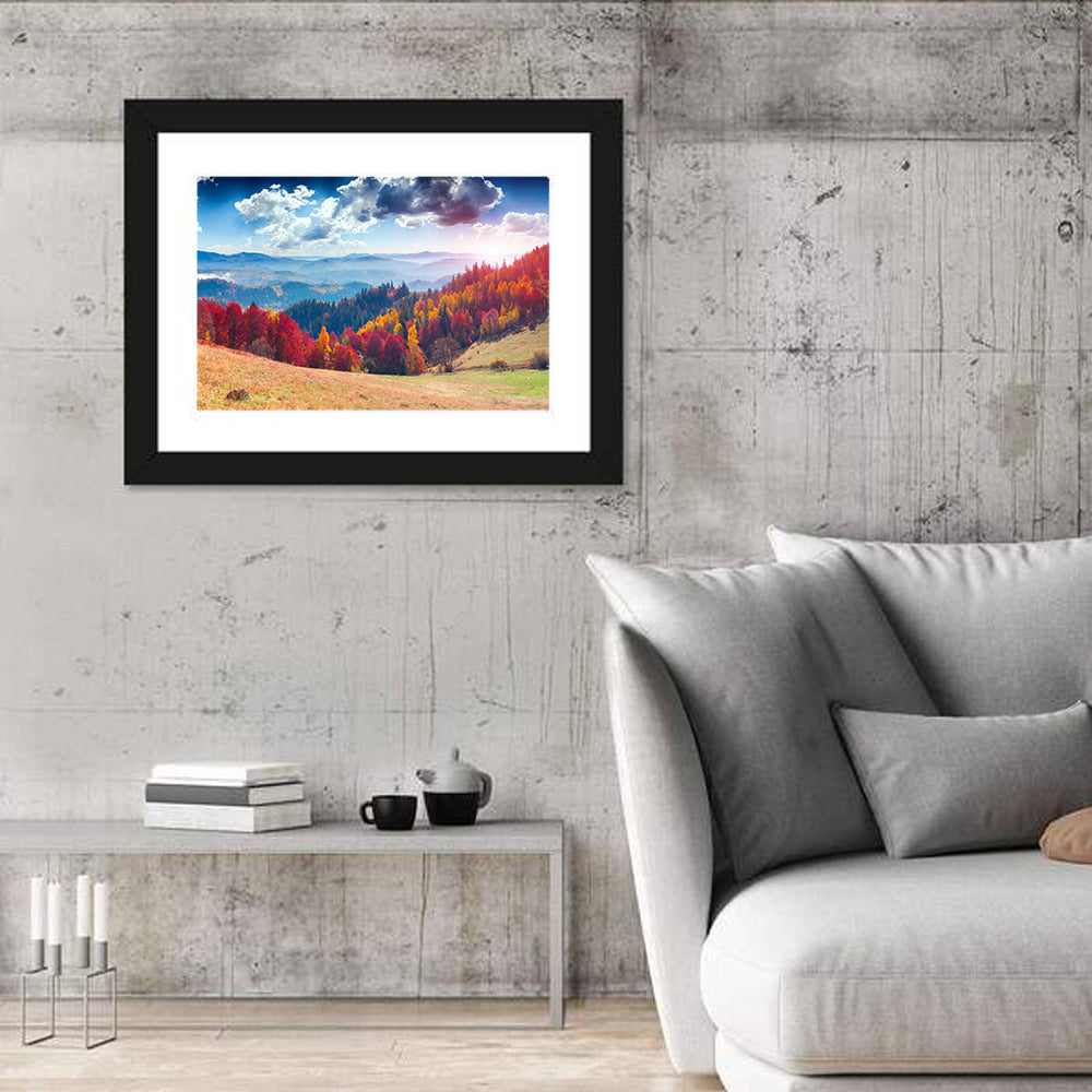 Carpathian Autumn Sunburst Ukraine Wall Art in a room, landscape