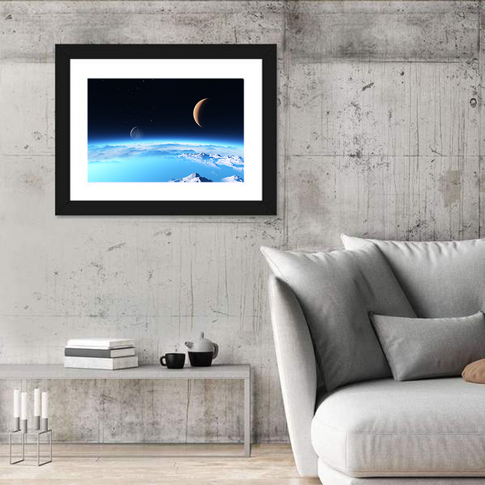 Ice Planet with Crescent Moon Wall Art in a room, landscape