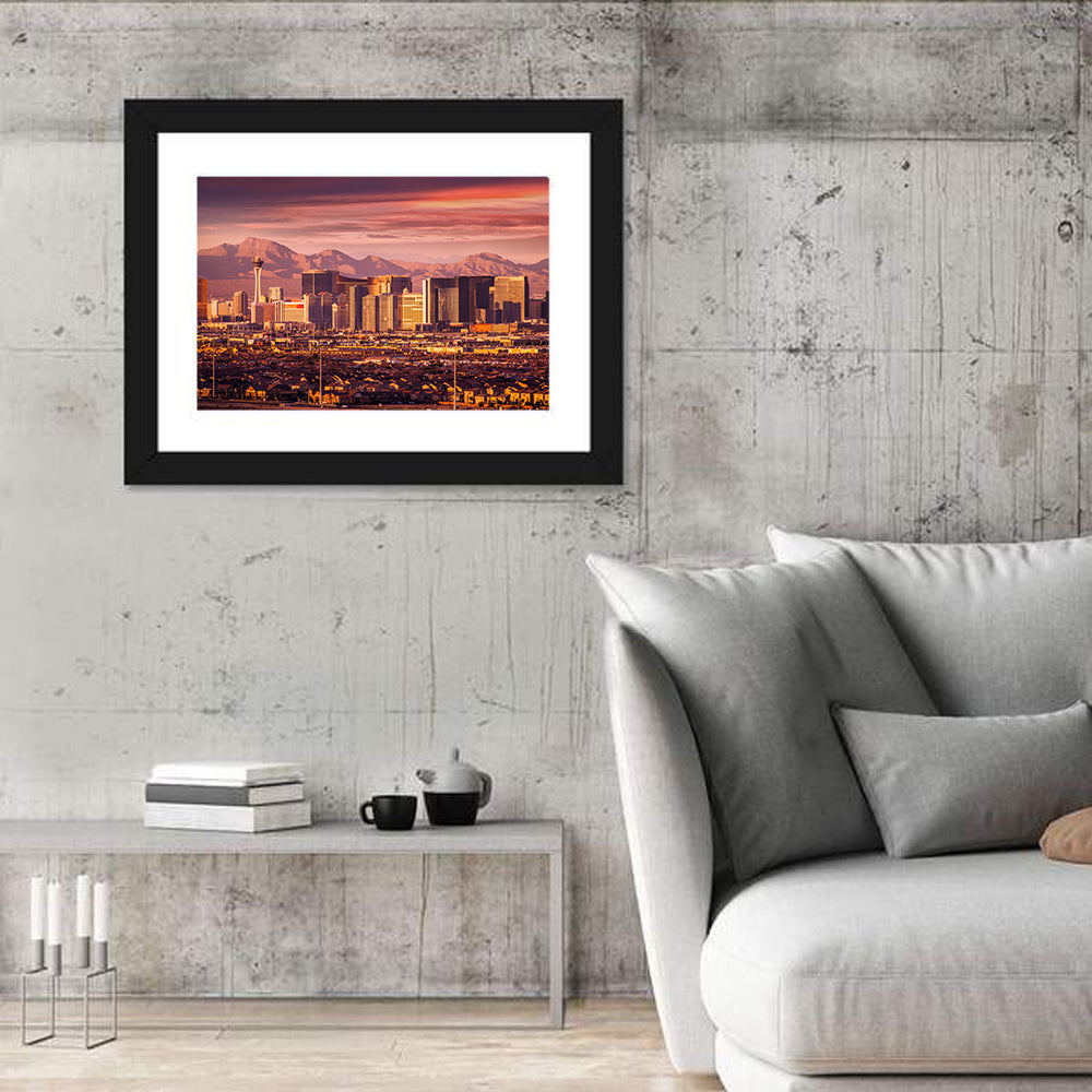 Las Vegas Strip Sunset Skyline Wall Art in a room, landscape