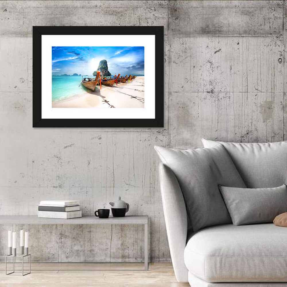 Railay Beach Long-tail Boats Wall Art in a room, landscape