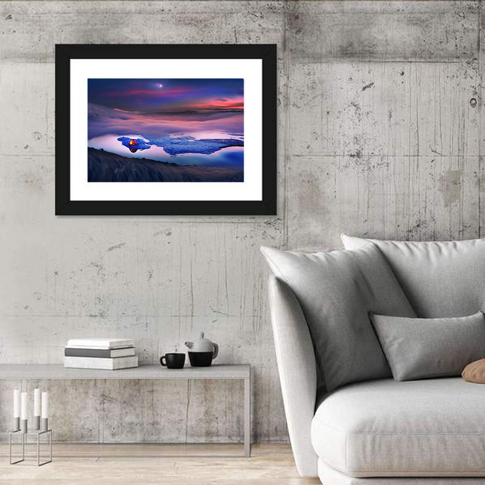 Glowing Tent on Frozen Mountain Lake Wall Art