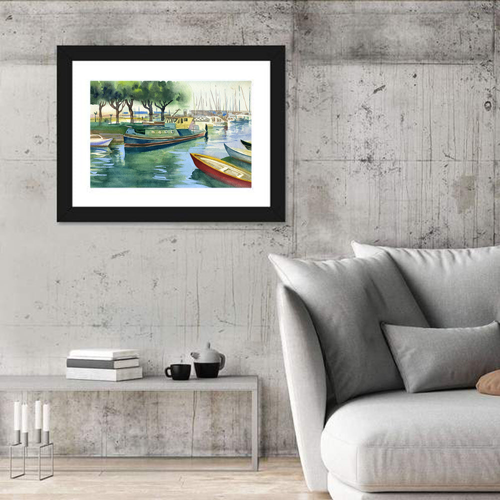 Watercolor Harbor Boats Wall Art in a room, landscape