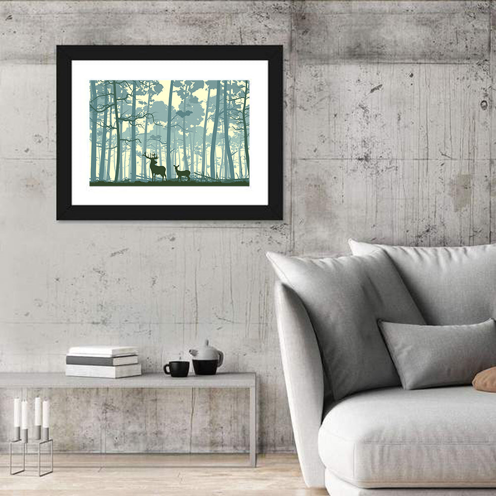 Deer Pair in Teal Forest Wall Art in a room, landscape