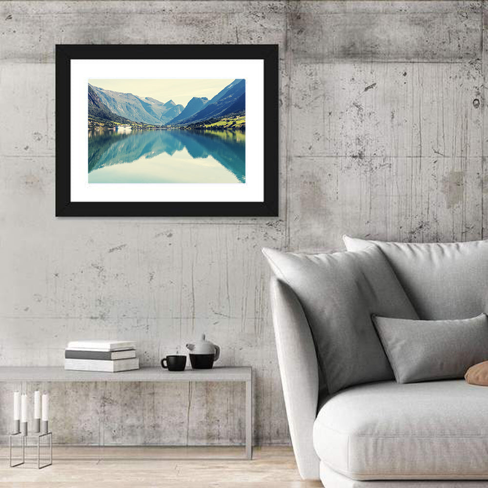 Scandinavian Mountain Lake Harbor Wall Art in a room, landscape