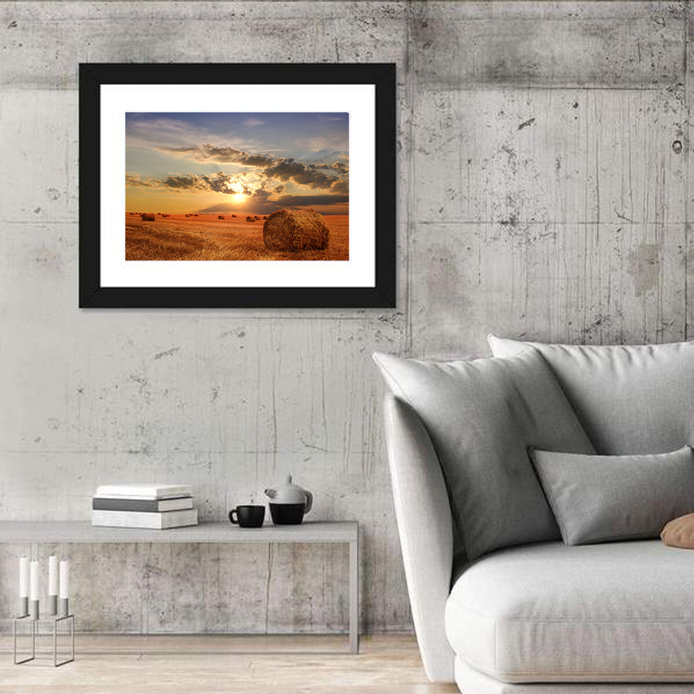 Golden Hour Hay Bale Wall Art in a room, landscape