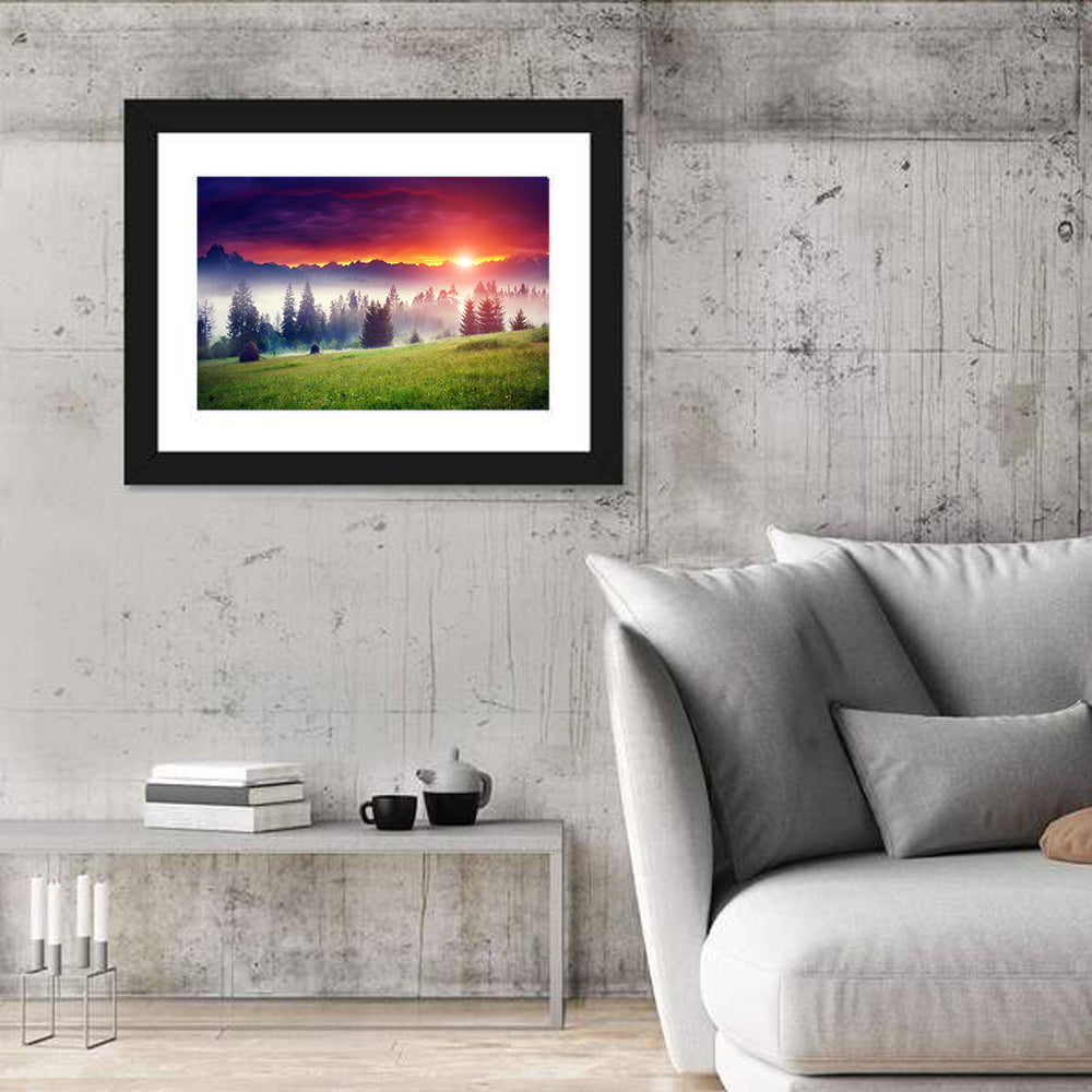 Glowing Mountain at Sunrise Wall Art in a room, landscape