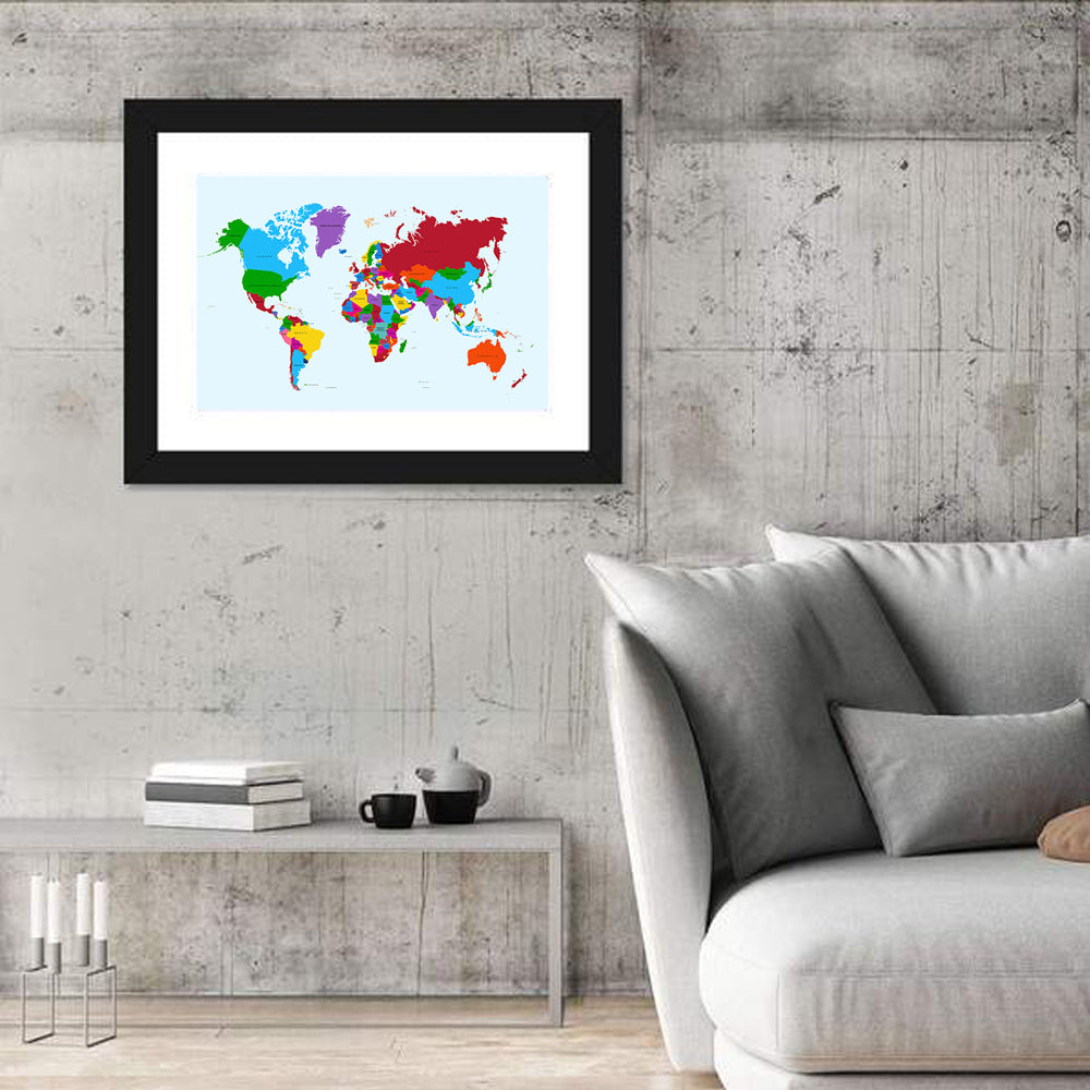 Minimalist Colorful World Map Wall Art in a room, landscape