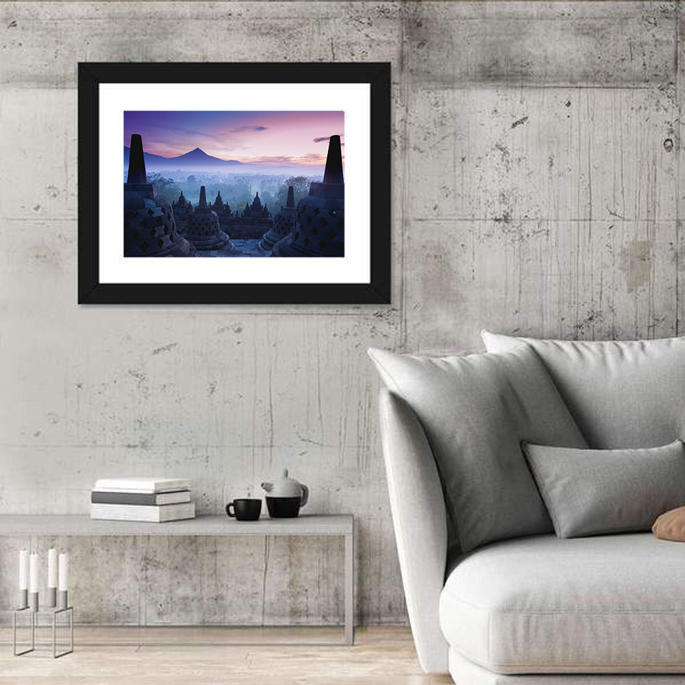 Misty Sunrise at Borobudur Wall Art in a room, landscape