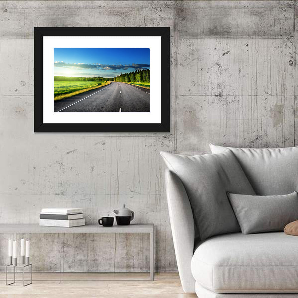 Curved Asphalt Road Through Forest Wall Art