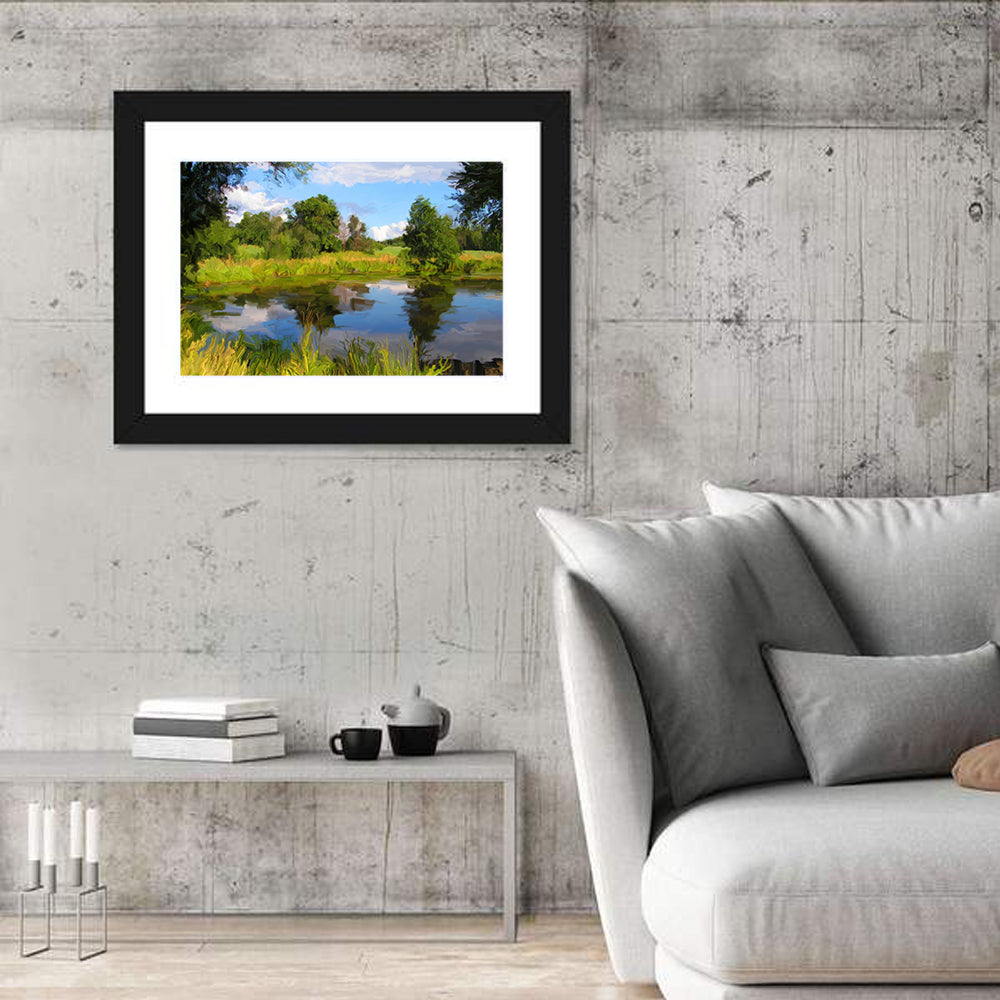 Blue Lake Reflection Illustration Wall Art