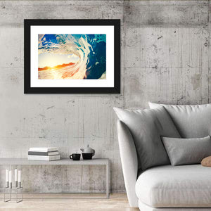 Blue Ocean Wave Crashing At Sunset Wall Art