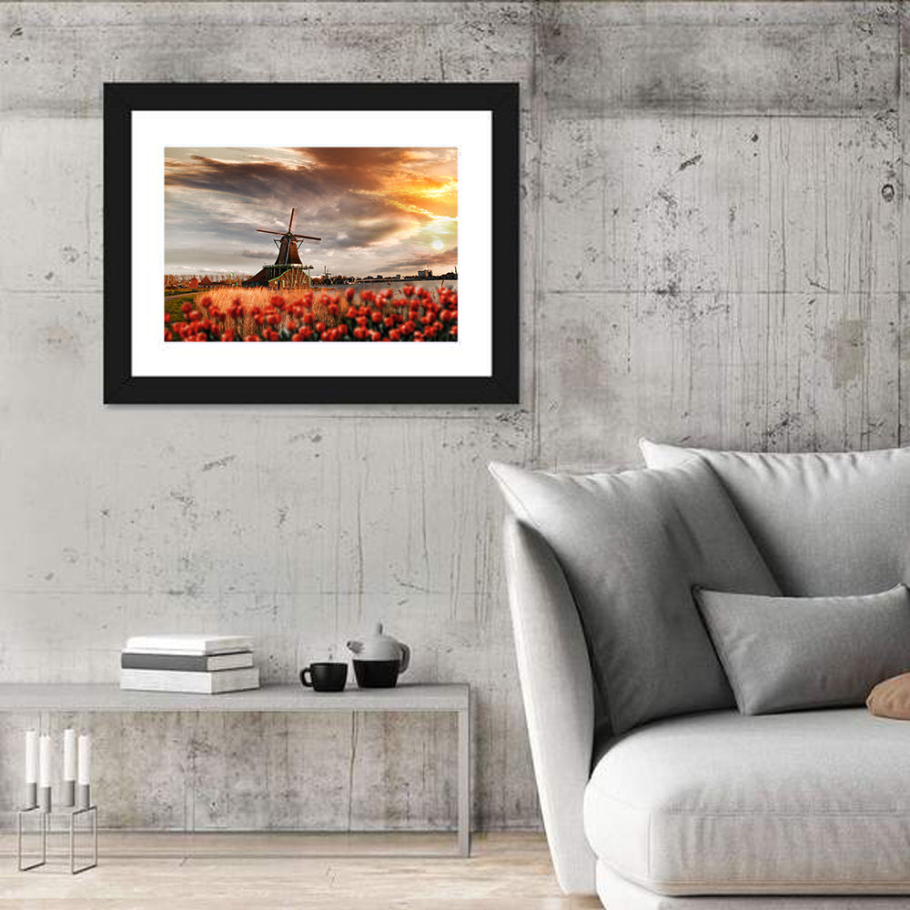 Dutch Windmill with Red Tulips Wall Art