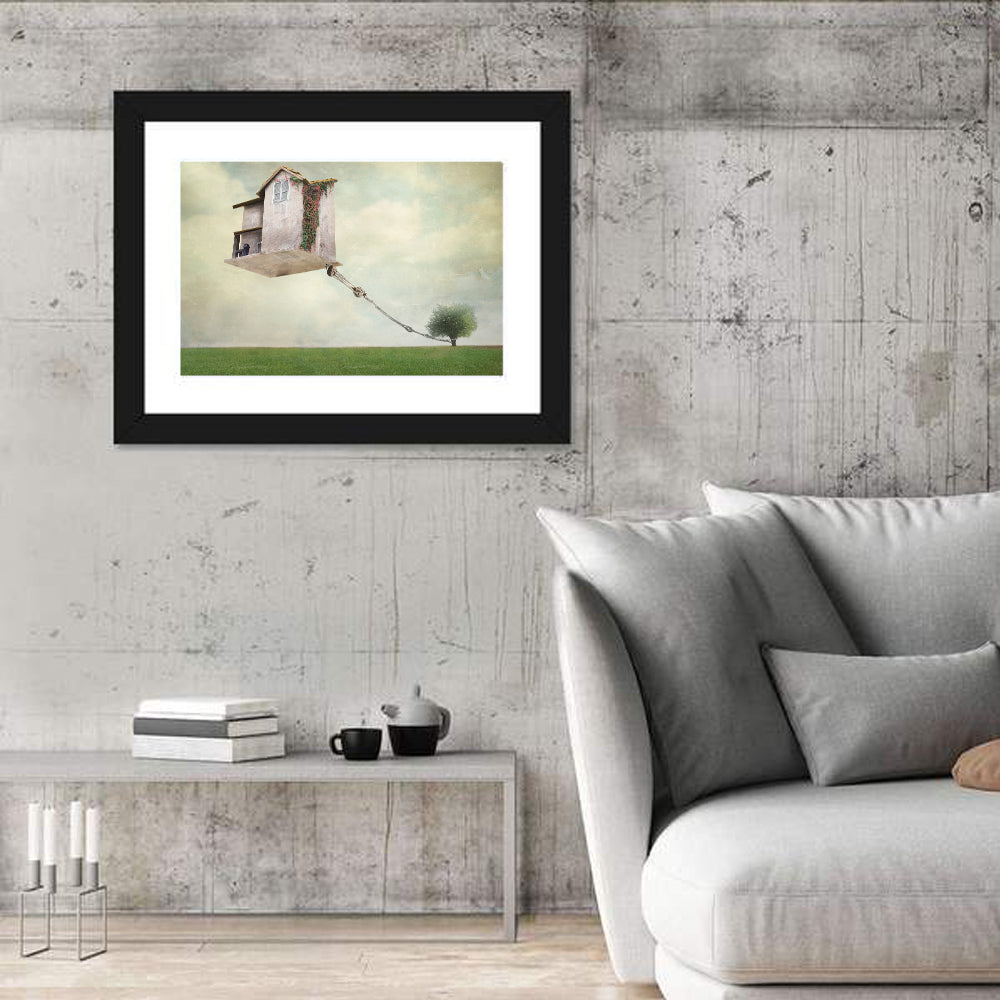 Floating House with Pulley Wall Art in a room, landscape