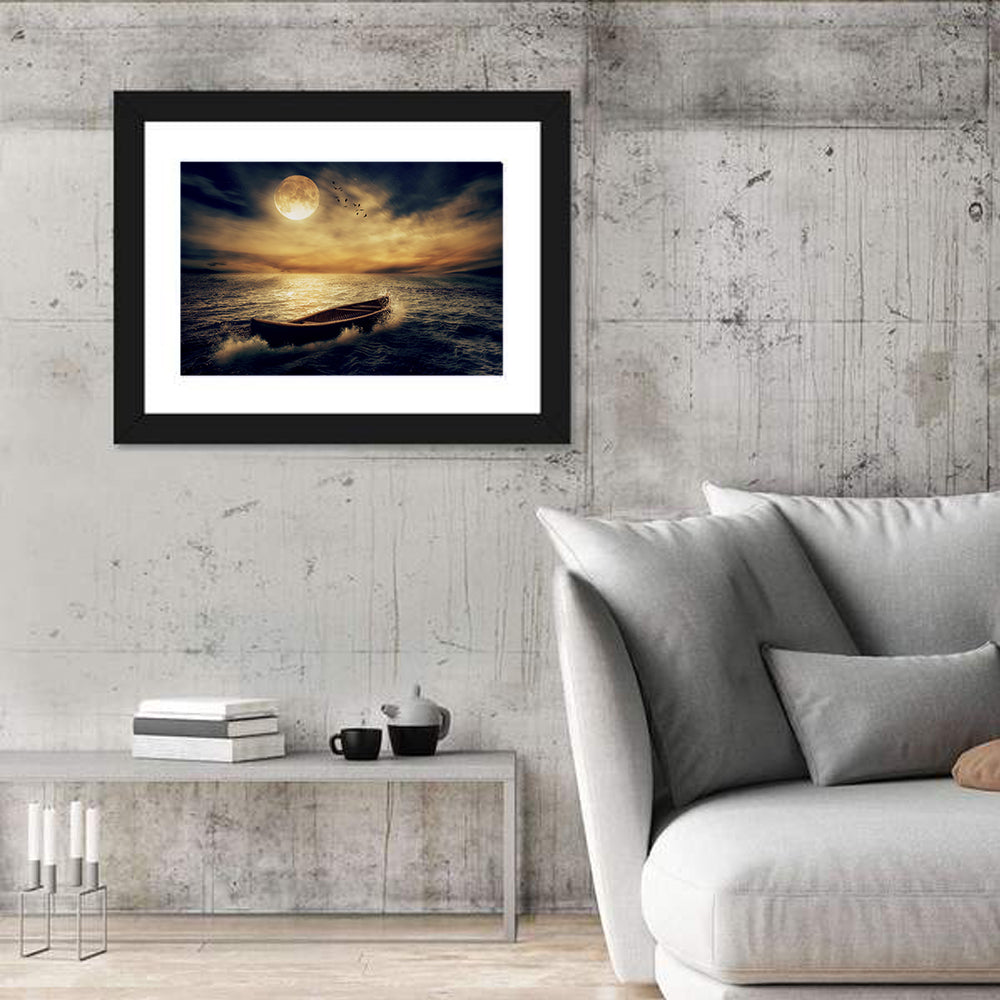 Moonlit Boat in Stormy Ocean Wall Art in a room, landscape