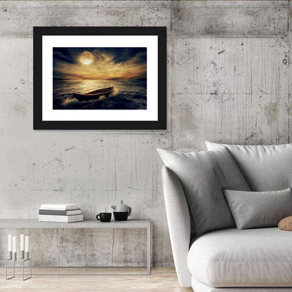 Moonlit Boat in Stormy Ocean Wall Art