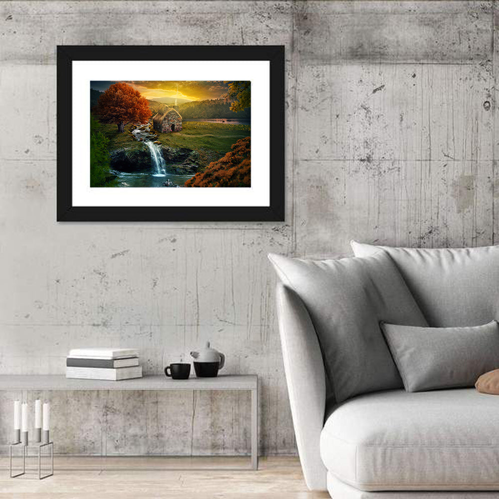 Thatched Cottage by Mountain Stream Wall Art