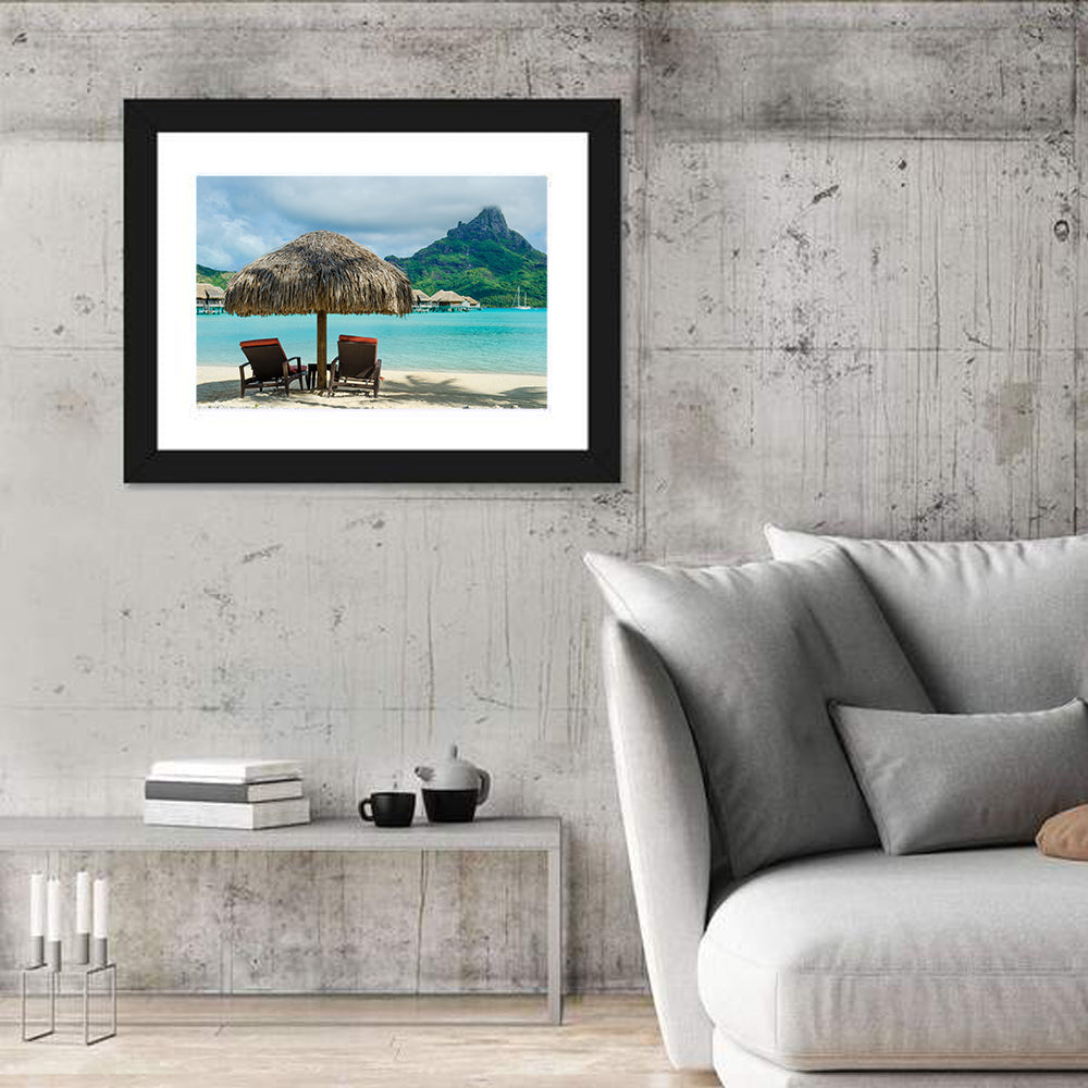 Bora Bora Lagoon with Thatched Umbrella Wall Art in a room, landscape