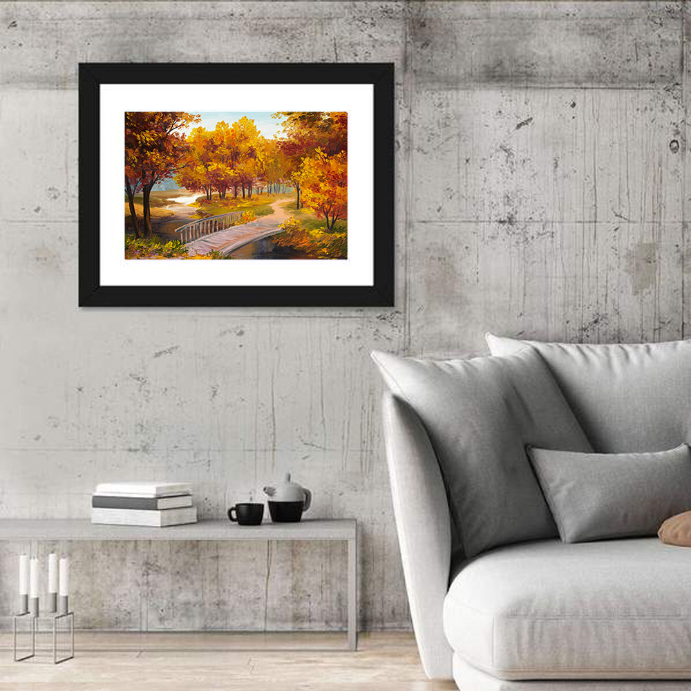 Autumn Forest With River & Bridge Wall Art