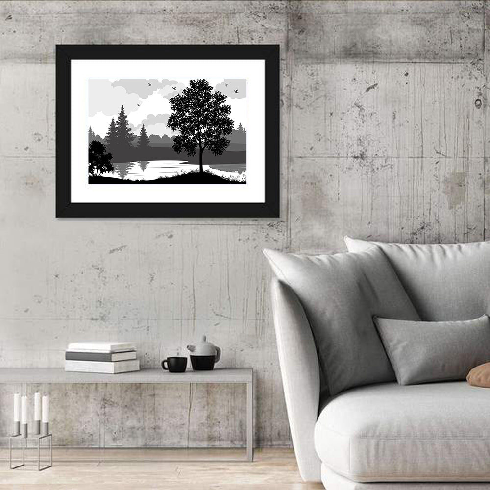 Lake Silhouette with Tree Wall Art in a room, landscape